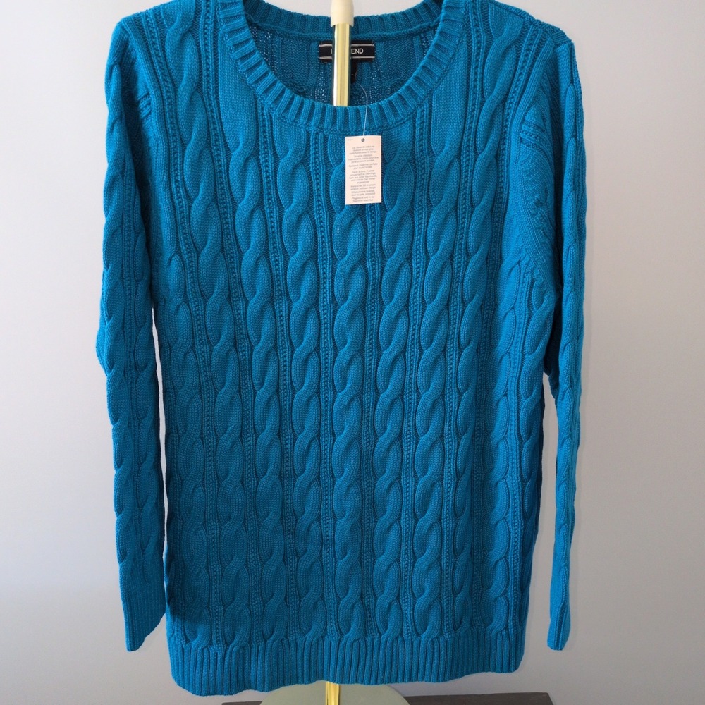 NWT Plus Size Lands End Drifter Sweater Women 1X Bright Blue Cable Knit Cotton